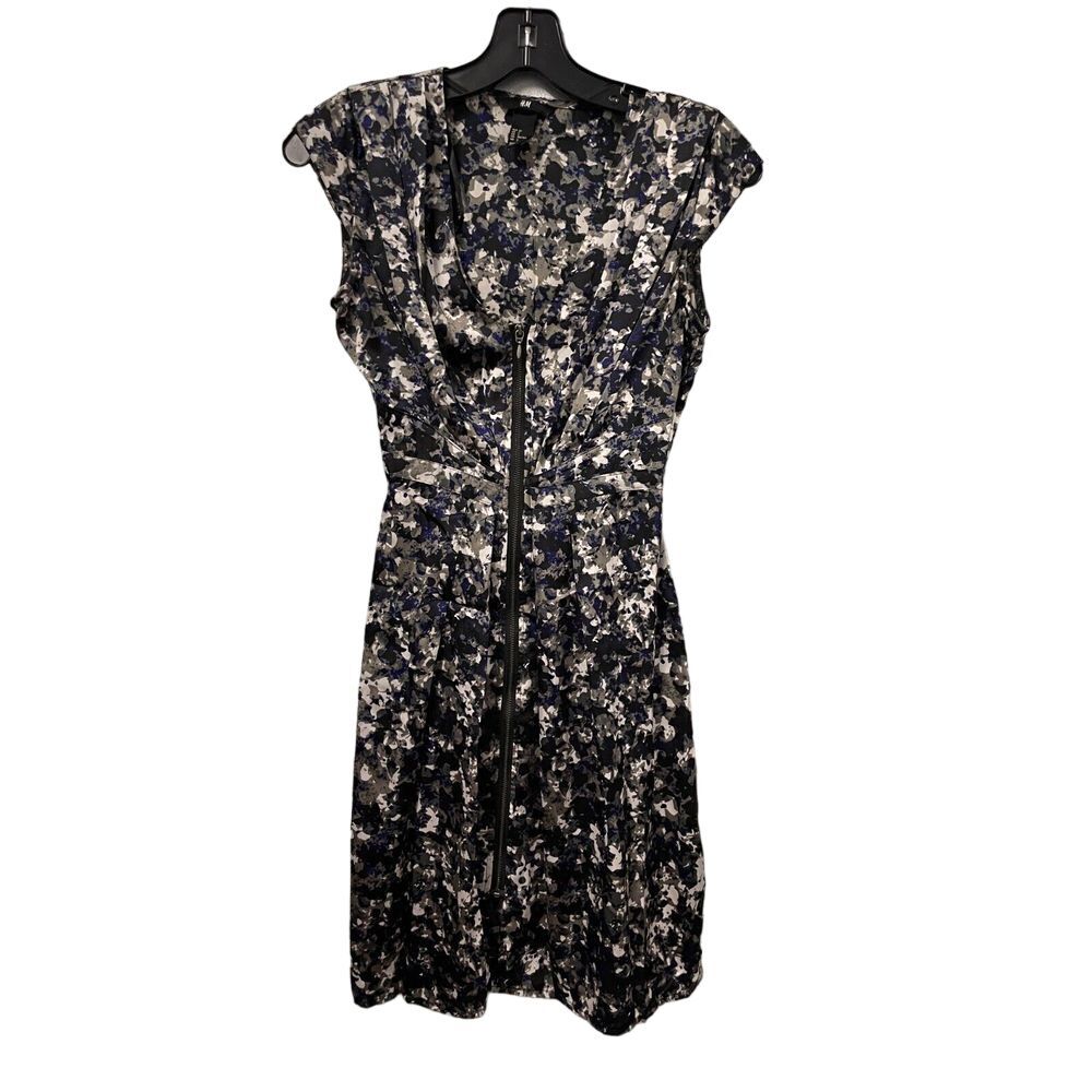 H&M Dress Front Zip Up Womens Size 2 Cinch Waist Cap Sleeves Floral Black‎ Blue